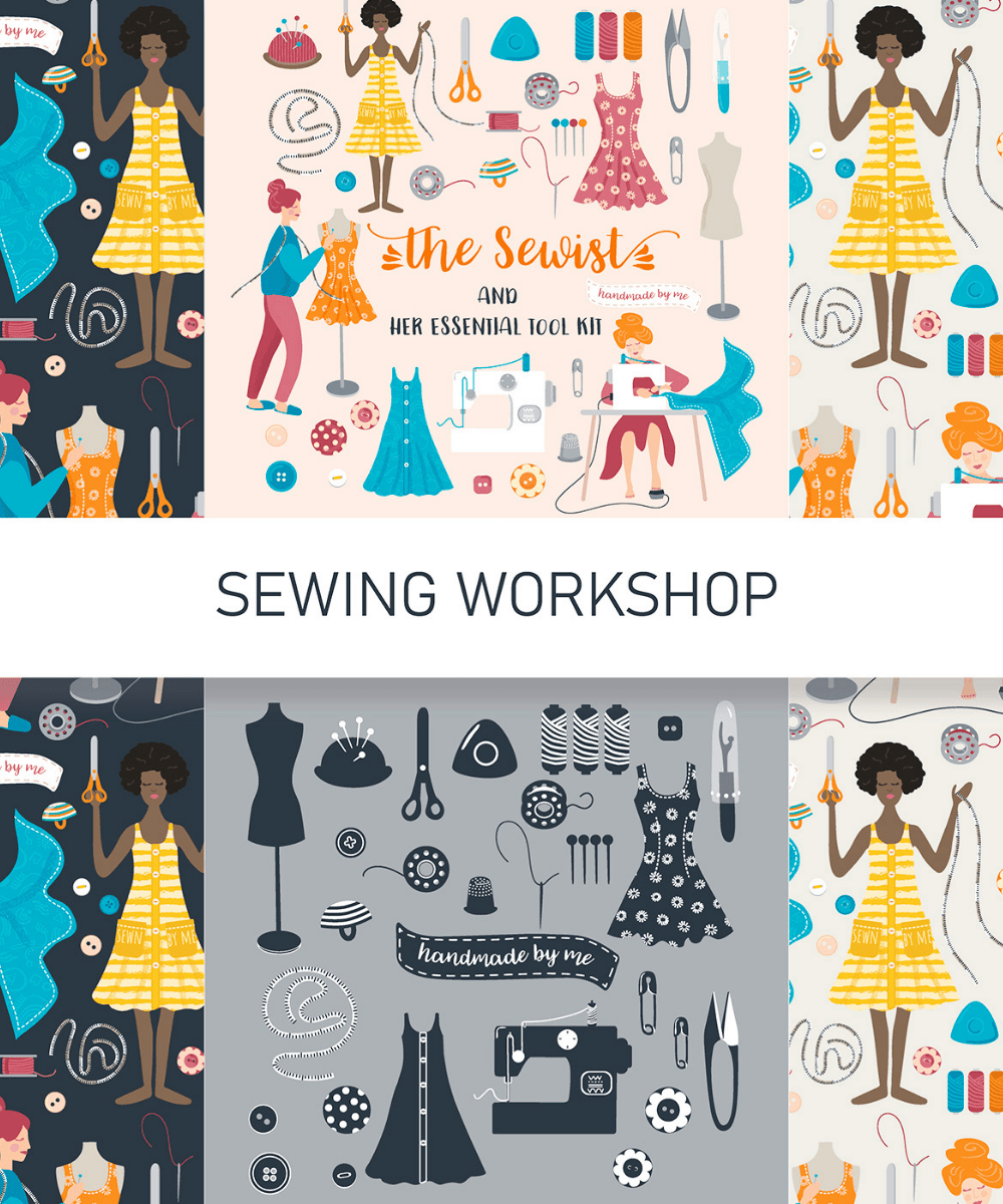 Sewing workshop seamless repeat pattern assets