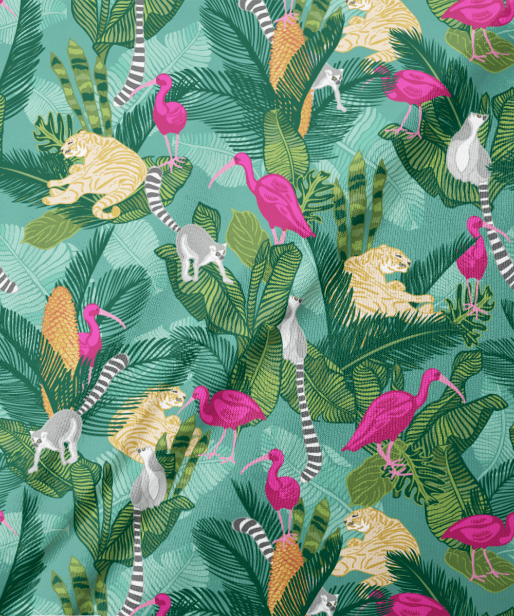 tigers and birds tropical printed wallpaper by Agnes Somogyi